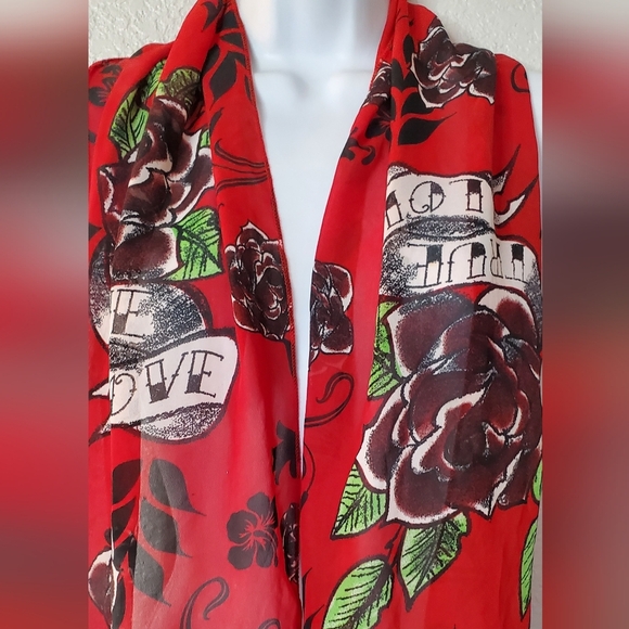 True Love Floral Red Scarf Tattoo Fusion Vintage Y2K Rockabilly Ed Hardy Style - Picture 5 of 6